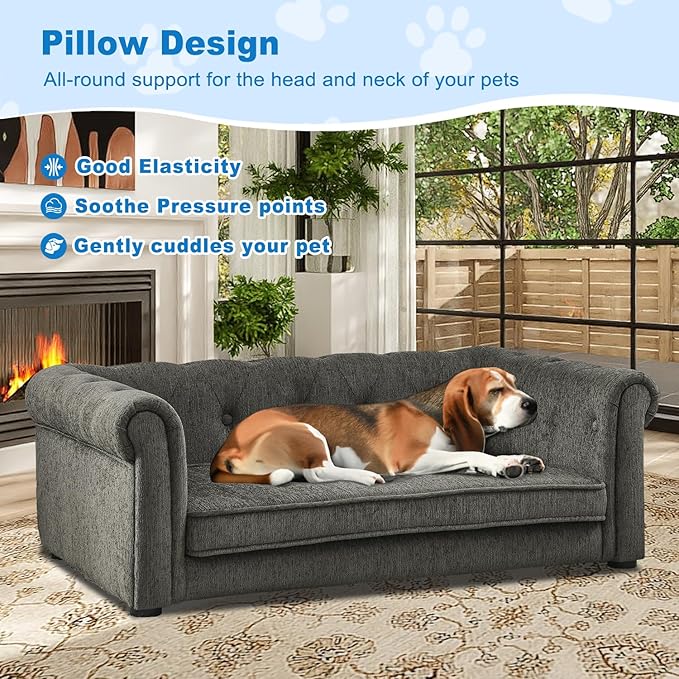 Dog Couch for Large Dogs, Elevated Durable Pet Sofa Bed, 24" W Comfortable Modern and Stylish Dog Sofa Couch with Dry Cleanable Fabric, Furniture for Medium & Large Breed (Dark Grey)