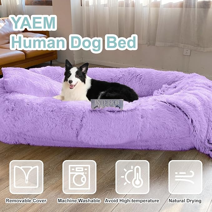 YAEM Human Dog Bed for Adult and Pets - 71"x45"x12" Dogs Beds for Humans with Washable Faux Fur Cover, Plump Pillow, Blanket, Orthopedic Design, Strap-Purple