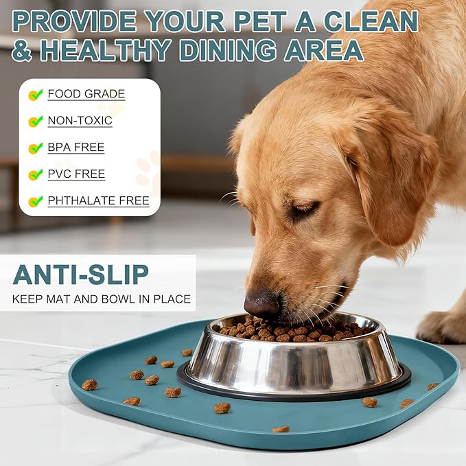 Small Silicone Pet Food Mat with Raised Edge for Food and Water Bowl, Square Dog Feeding Mats, Cat Food Trays for Floor Waterproof, Rubber Tray for Dogs and Cats, 12 x 12 x 0.7 Slate Blue