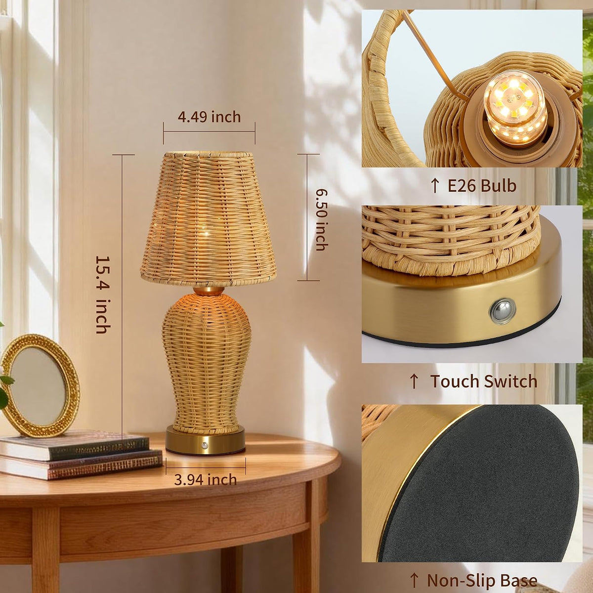Boho Rattan Rechargeable Cordless Table Lamp, Touch Dimmable Battery Operated Table Light, for Patio Restaurant Kitchen Dining Room (Rattan Lampshade)