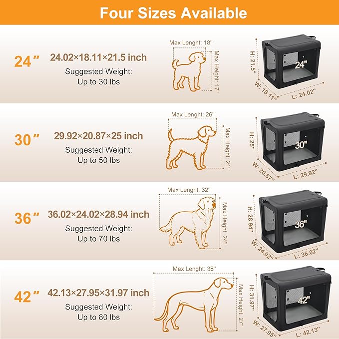 Dog Travel Crate 30 Inch, Portable Soft-Sided Travel Carriers for Dogs and Cats, Foldable Pet Kennel with 3-Doors Mesh Windows Indoor & Outdoor, Black
