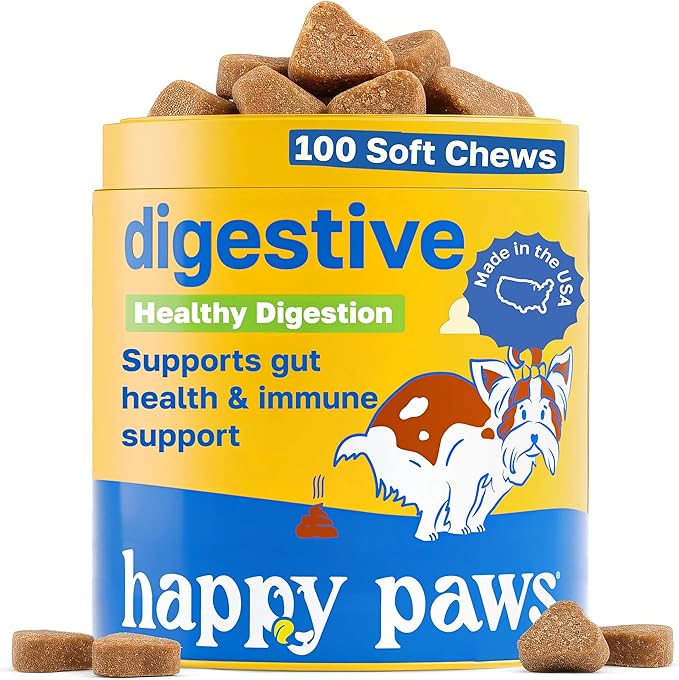 Happy Paws Digestive Supplement for Dogs, Supports Gut Health for Dogs of All Breeds & Ages, Made with Probiotics, Enzyme Blend & Ginger Root, Pumpkin Flavor, Organic, Non GMO, 100 Soft Chews