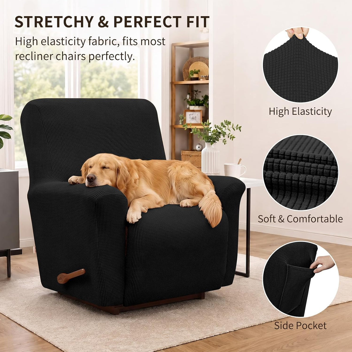 KEKUOU Recliner Chair Covers, 1-Piece Lazy Boy Recliner Covers, Black