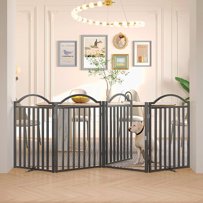 BHG Metal No-Assembly Freestanding Dog Gate with Door Walk Through, Extra Wide 96", Extra Tall 32" Pet Gate, Accordion Puppy Folding Playpen Dog Fence for Indoor & Outdoor, with 2PCS Support - Black