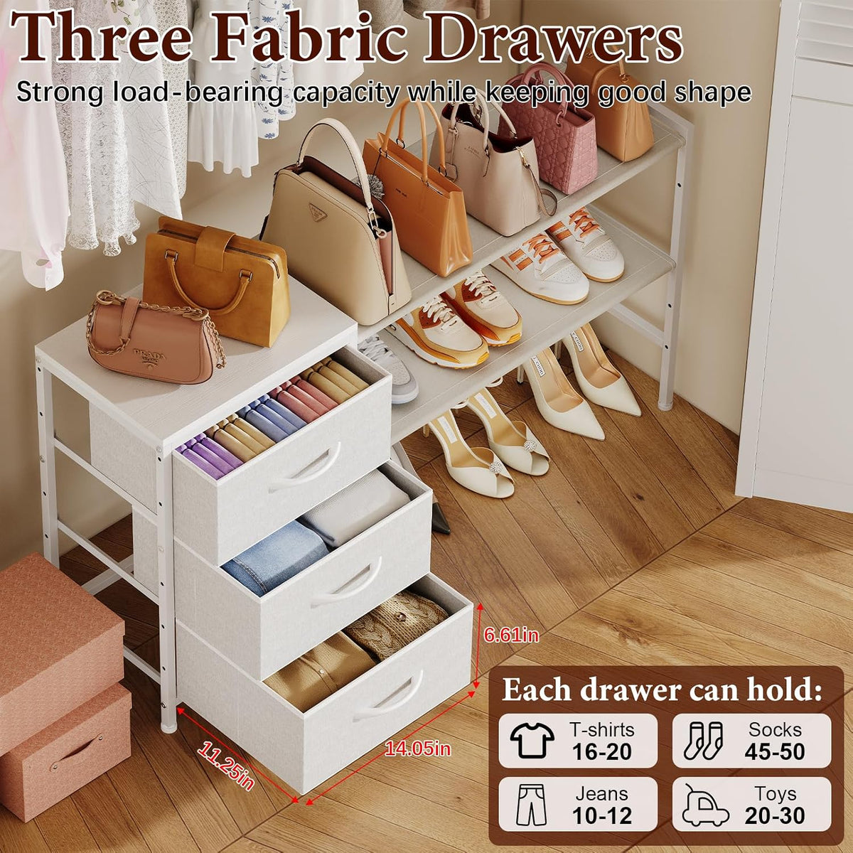 Hongtamoya Closet Organizers and Storage, Adjustable Shelves,3 Drawer White
