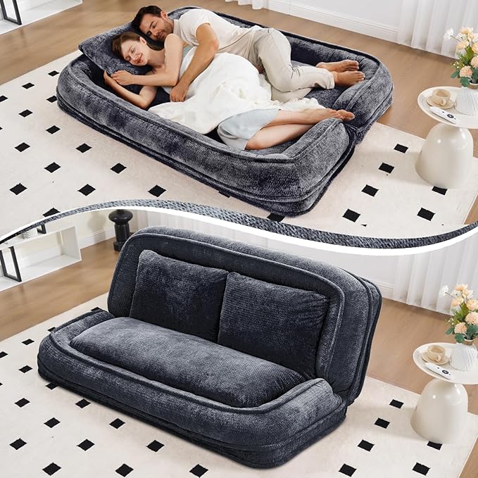 Extra Large Human Dog Bed for Adult & Pets, Convertible Floor Sofa Bed with 5 Adjustable Position, Lazy Couch Giant Bean Bag Lounge Chair Comfy Tatami with 3 Pillow for Bedroom Living Room (Dark Grey)