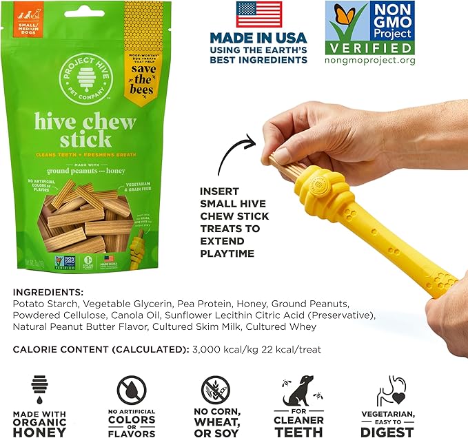 Project Hive Dental Chew Sticks for Dogs 7 oz Small (S/M) Textured Dental Treats, Fit Hive Toys Vegetarian, Made with Ground Peanuts & Honey, No Grain or Soy, Cleans Teeth & Freshens Breath