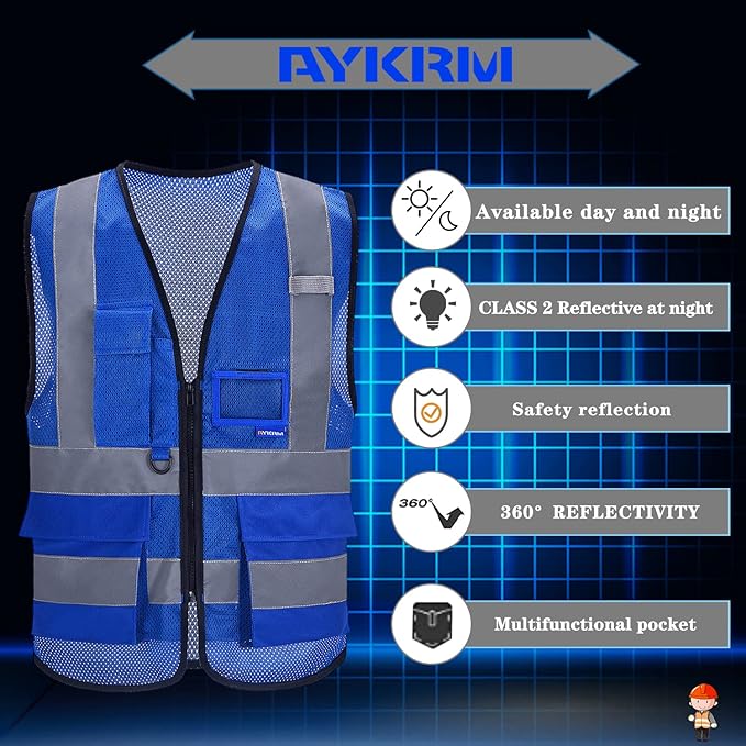 A-SAFETY XSmall Blue High Visibility Mesh Safety Reflective Vest with Pockets and Zipper,Hi Viz Work Vest for Men Women (Blue Mesh XS)