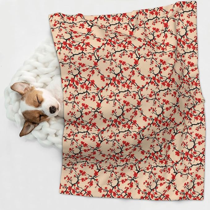 Double Sided Plush Pet Blanket with Cozy Dot Texture and Smooth Reverse, Blossom Japanese Cherry, Reversible Throw for Dogs Cats on Couches Beds Crates