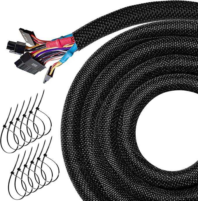 10FT Split Cable Management Sleeve Wire Loom Tubing Cord Protector for High-Temperature Automotive Harness Wires and Home Cable Management,Self-Wrapping Braided Cord Covers (3/4 Inch)