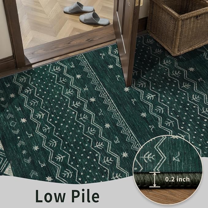 SERISSA 2x5 Kitchen Runner Rug, Washable Non-Slip Dark Green Boho Rug, Soft