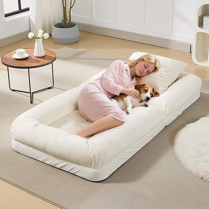 GarveeHome Human Dog Bed for Adult, Comfy Lazy Sofa Bed with 2 Pillows & 5 Adjustable Position, Chenille Upholstered Lounge Chair for Living Room Bedroom Beige