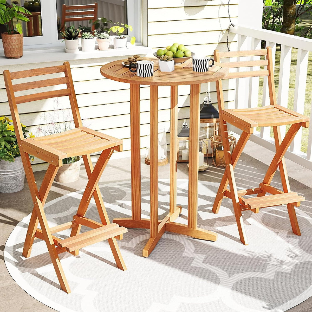Tangkula Patio Folding Barstool Set of 2, Outdoor Portable High Top Acacia Wood Bar Height Chair with Backrest & Footrest,for Backyard, Garden, Front Porch