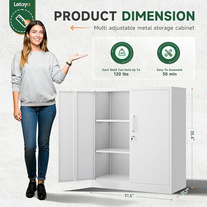 Letaya Metal Storage Cabinets with Lock, Small Locker Organizer Steel Cabinets, Adjustable Layers Shelves 2 Doors for Home, Office, Warehouse,Garage,Industrial,Employee Lockers (White-36)