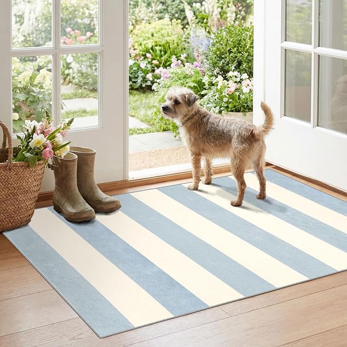 Blue White Striped Outdoor Rug