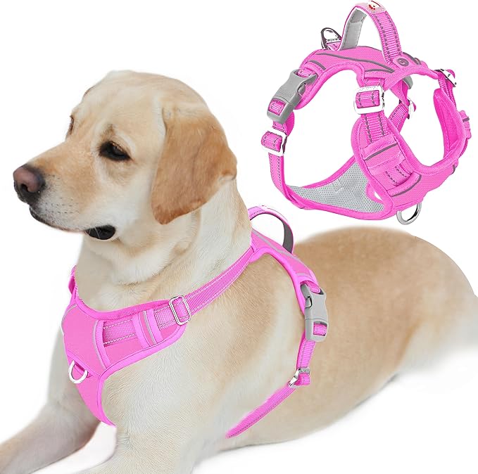 BARKBAY Dog Harness No Pull Oxford with ID Tag Pocket - Heavy Duty, Reflective, Easy Control for Large Dogs(Pink Oxford,L)