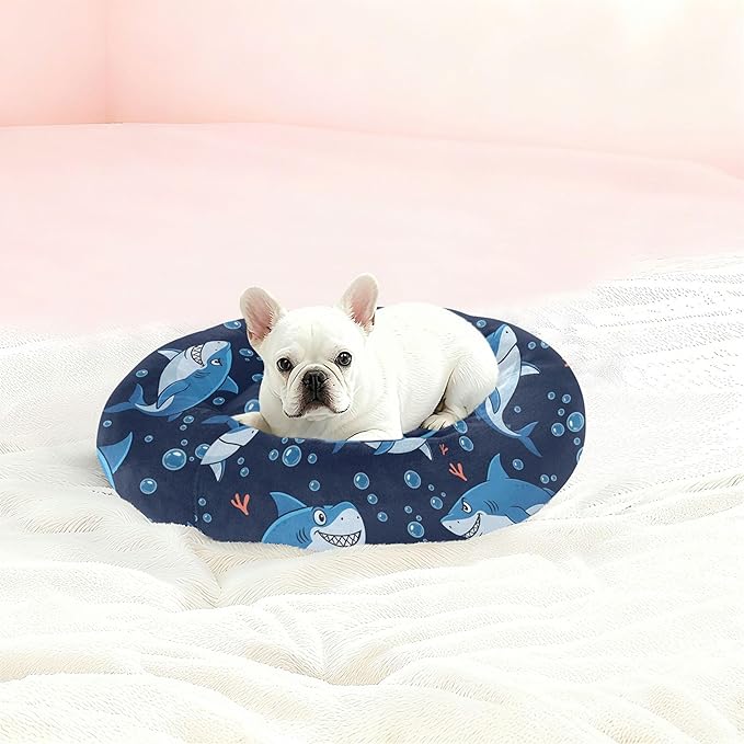 Burbuja Sharks Donut Pet Bed, Calming Soft Dog Bed with Anti-Slip Bottom, Round Cuddler Support for Dogs & Cats, Washable 16 in
