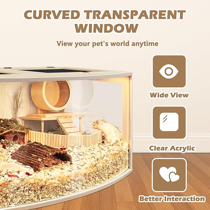 Prolee Hamster Cage Chew Proof Wood, Hamsters Enclosure Openable Top with Curved Design,Waterproof Small Animals Cage with Acrylic Sheets for Gerbils,Hamster Habitat(40 Inches)