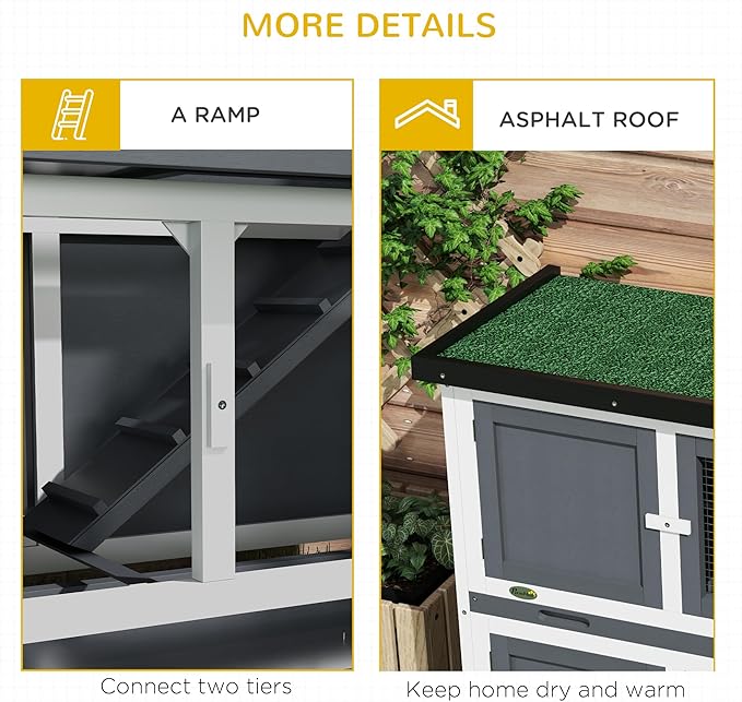 PawHut Wooden Bunny Rabbit Hutch, Small Animal Habitat with Ramp, Removable Tray & Weatherproof Roof, Indoor/Outdoor, Grey