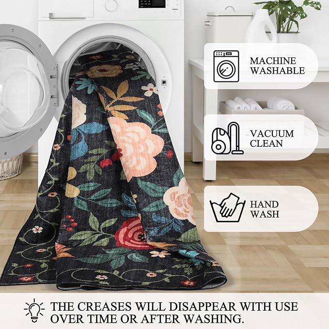 DUKINO 3x10 Runner Rug for Hallway, Washable Kitchen Floral Runner Rug