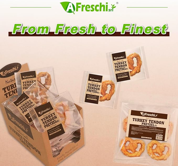 A Freschi srl Turkey Tendons for Dogs, USA-Sourced, Healthy Dog Treats, Rawhide-Free Puppy Chews, Long Lasting, All Natural, Hypoallergenic Dog Treats for Large Breeds, 1 Count Pack Pretzel (L)