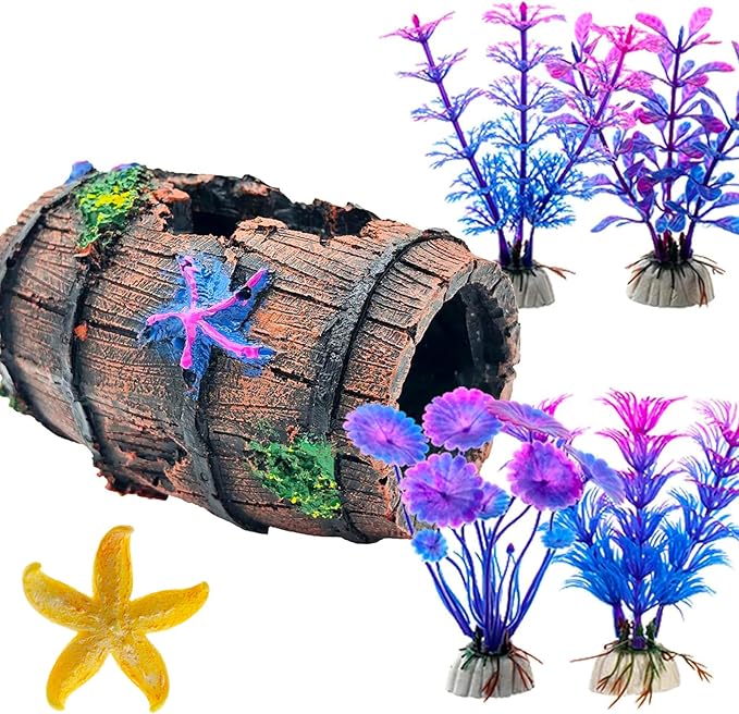 Fish Tank Decoration for Aquarium Tank, Betta Fish Tank Accessories Starfish Barrel x 1pc, Aquarrium Decor Aquatic Plants x 4pcs, Aquarium Decor Starfish x 1pcs.