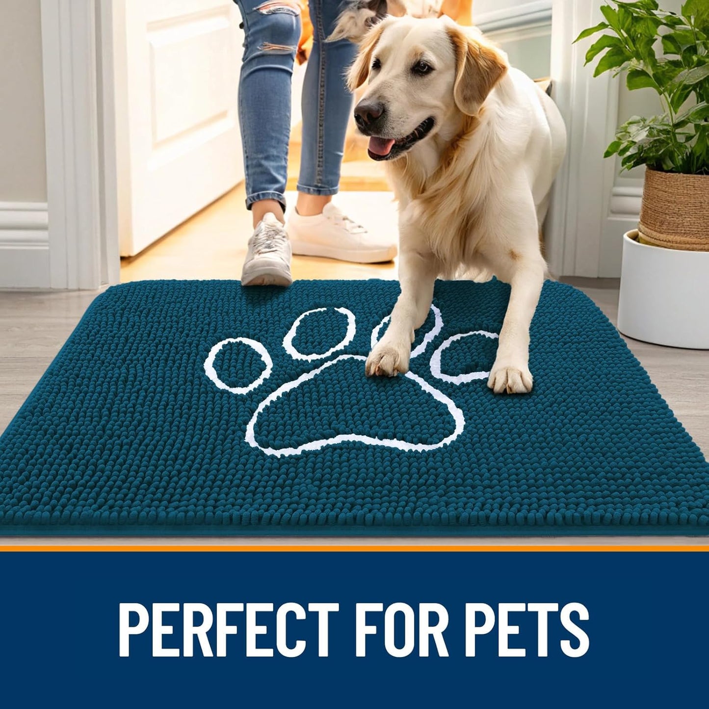 OLANLY Door Mat for Muddy Dog Paws 59x24, Absorbent Chenille Mud Doormat with Paw Print Design, Non-Slip Washable Doormat for Indoor Entryway, Quick-Dry Pet Bed Mats for Dirty Dogs, Atlantic Blue