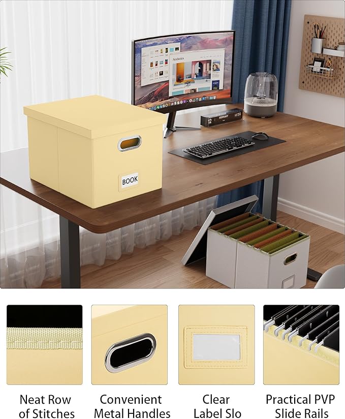 Oterri 2 Pack File Storage Organizer Box, Portable Document Box with Lid,Fit for Letter/Legal File Folder Storage,Cream-yellow(Leather)