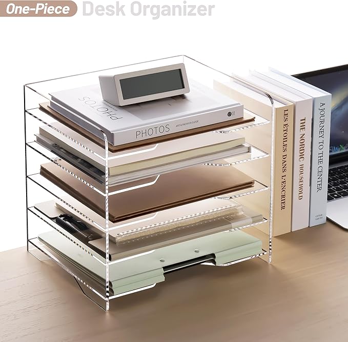 SANRUI Acrylic Desk File Organizer 5 Tier Letter Tray Paper Organizer with Handle for Office, Home, Classroom Clear Desk Organizer Document Holder