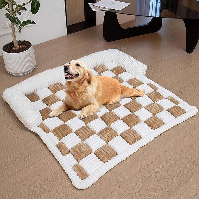 Dog Couch Cover Protector, Pet Couch Covers for Sofa, Dog Couch Cover Fuzzy Sofa Cover Cream Square Plaid Dog Bed Plush Dog Mat for Furniture Protector for Large Medium Dogs and Cats