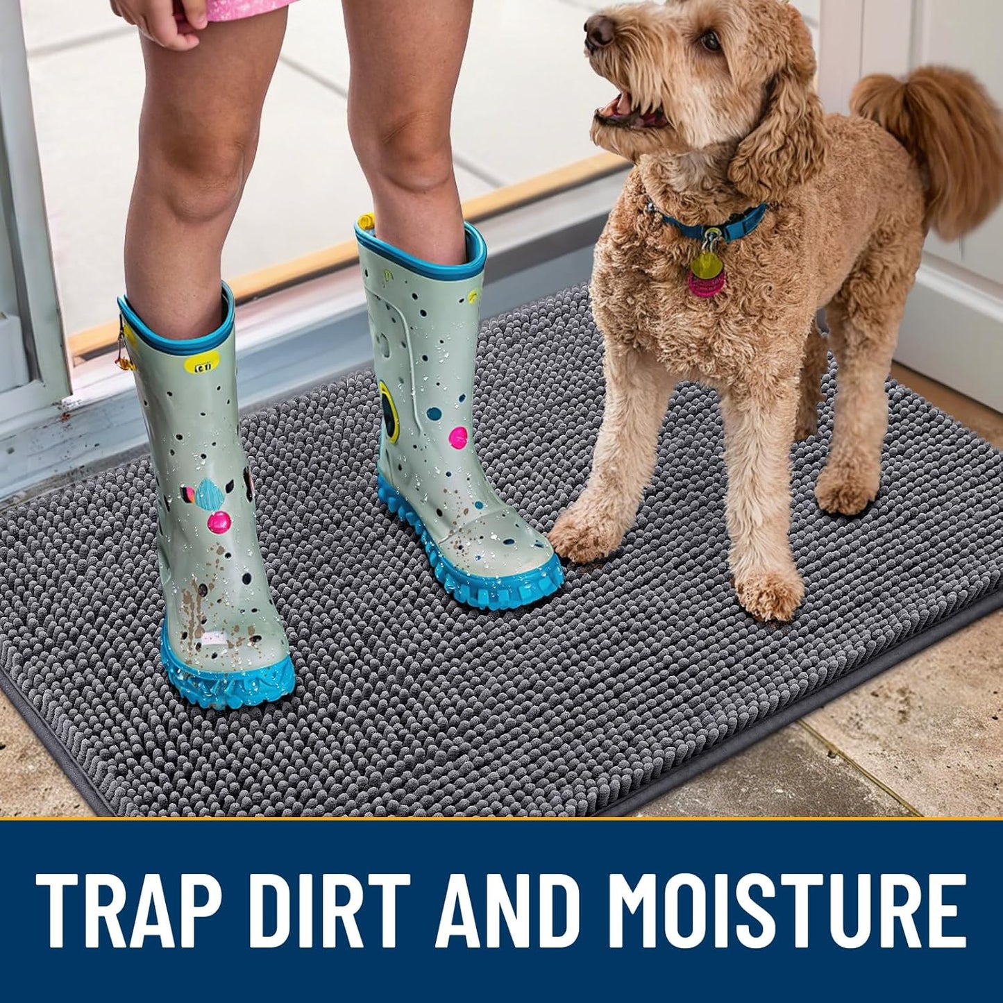 Smiry Dog Door Mat for Muddy Paws 40x32, Absorbs Moisture and Dirt Doormat, Non-Slip Washable Quick Dry Chenille Front Door Mat Indoor Entrance, Entryway Carpet for Inside Floor, Dark Grey