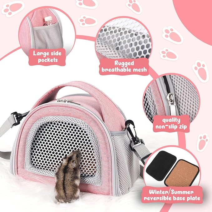 YUDODO Hamster Carrier Guinea Pig Carrier Bag Small Animal Sugar Glider Pouch Gerbil Hedgehog Portable Travel Carrier Outdoor Hangbag Flying Squirrel Rat Carrier Pink
