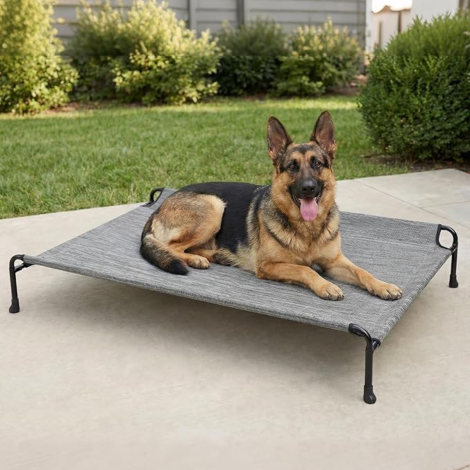 Veehoo Outdoor Dog Bed, Raised Dog Bed for Large Dogs, Elevated Dog Bed with Headrest, 47" Cooling Washable Pet Cot, Breathable Dog Hammock for Camping & Indoor, Non-Skid, Black Silver