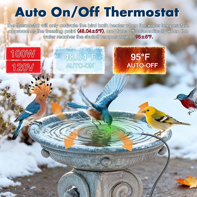 Outdoors 100W Bird Bath Heater for Winter,Birdbath Deicer Pond De-icer Thermostatically Controlled Birdbaths Water Heater with 5.9 Ft Power Cord and Working Indicator Light (Black)