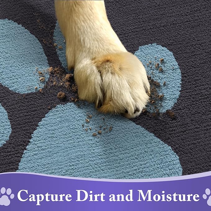Buganda Dog Door Mat for Muddy Paws, Absorbent Dirt Trapper Non Slip Indoor Doormats, Washable Low-Profile Mat for Mud Dogs, Entryway Carpet for Inside Floor (36x24 Inches, Dark Grey and Blue)