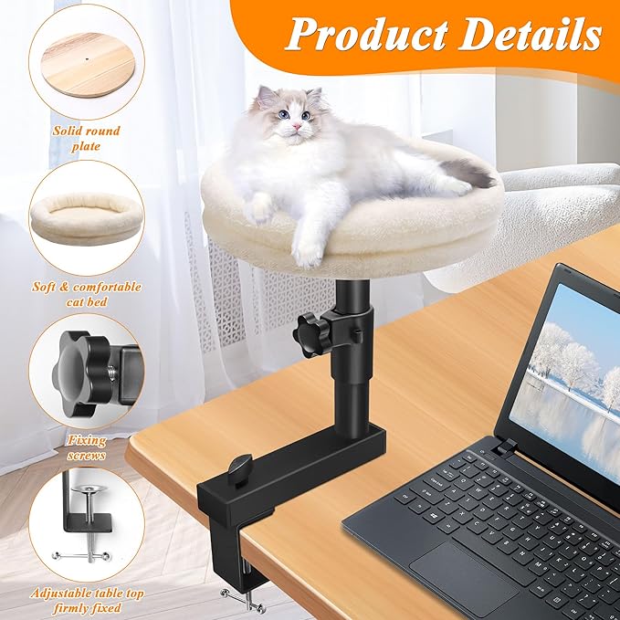 Cat Desk Bed 360° Rotating Cat Bed Desk, Solid Wood Perch, Removable Cushion, Adjustable Clamp for Office & Living Room
