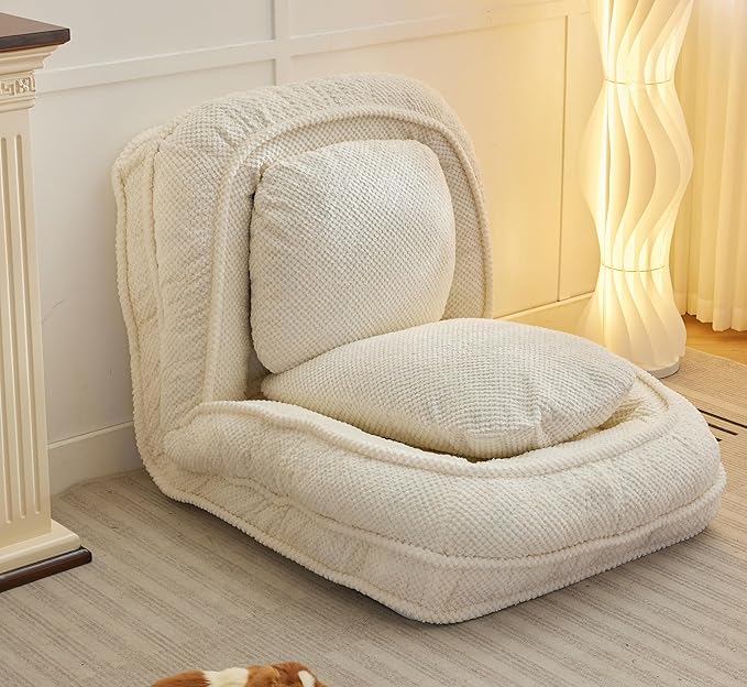 Adjustable 5-Position Human Dog Bed for People, Big Comfy Plush Floor Gaming Lazy Sofa Chair with Pillows & Back Support, Foldable Lounge Loveseat Couch for Living Room Bedroom (White)