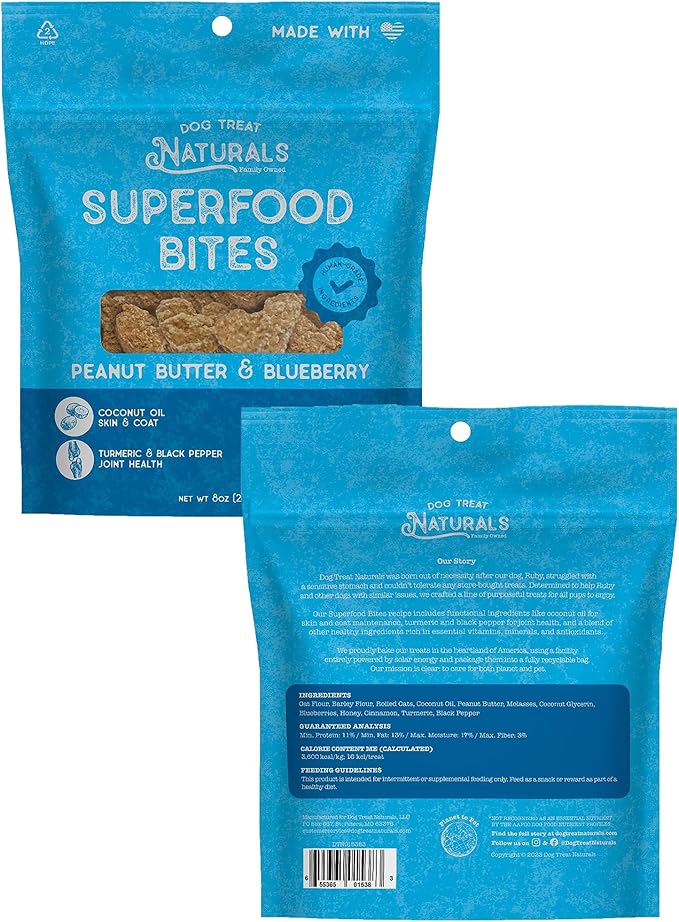 Dog Treat Naturals: Superfood Bites - Peanut Butter & Blueberry - 8oz Bag, Healthy Snacks, Chewy Reward, Turmeric for Joint Health