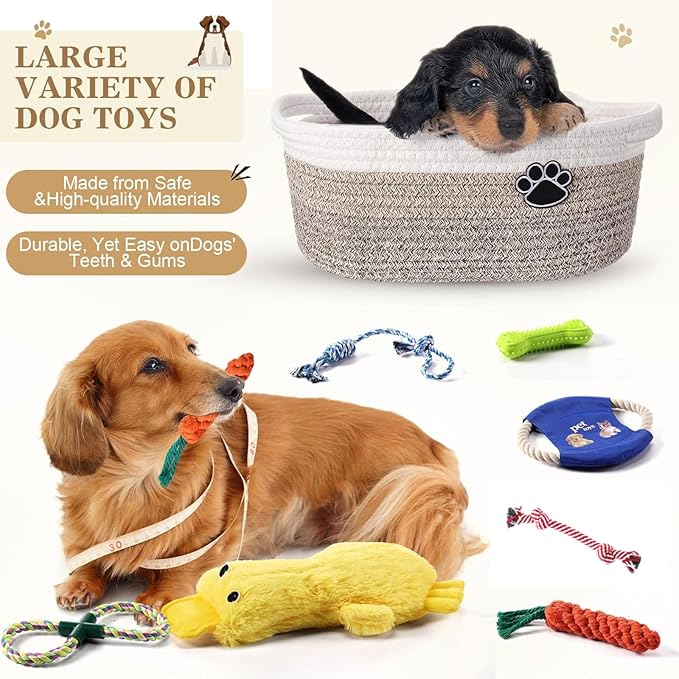 Zopeal Puppy Dog Toy Gift Storage Basket with Dog Toys Set Chew Toys Birthday Gift Basket Teething Interactive Squeaky Duck for Teething Small Medium Large Dogs(Khaki)