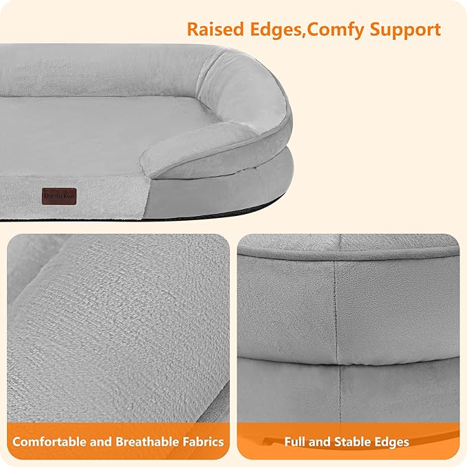 Dwanton Orthopedic Dog Bed for Large Dogs with Gel Memory Foam, Waterproof Dog Sofa, Washable Pet Bed with Four Sided Bolster Cushion, Removable Cover & Non-Slip Bottom, 42", Light Gray