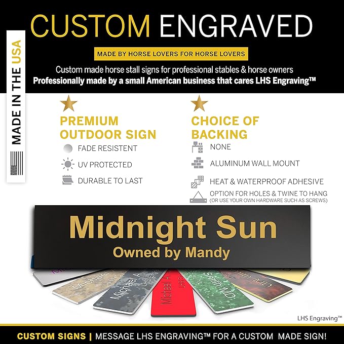 Personalized Horse Stall Name Plates, 2x10 Horse Stall Signs with Adhesive, All Weather UV Protected, Black Plastic Gold Letters - Made in USA - B3