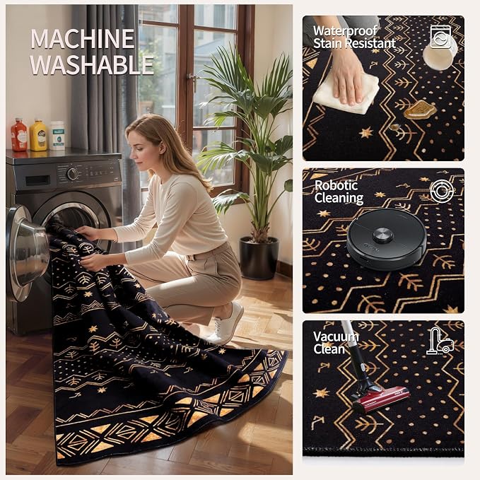 SERISSA 3x5 Area Rugs for Living Room, Washable Non-Slip Black and Gold Small