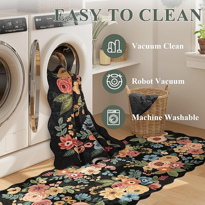 DUKINO 2x14 Hallway Runner Rug, Non Slip Floral Washable Runner Rug