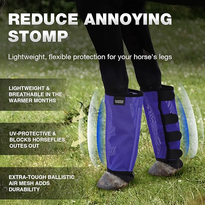Harrison Howard Loose Fitting Fly Boots UV-Protective Extra Tough Mesh Ventilated Four Fasteners Stay-on Design Protect Horse Legs & Stomp-Reducing Set of 4 Deep Navy Large
