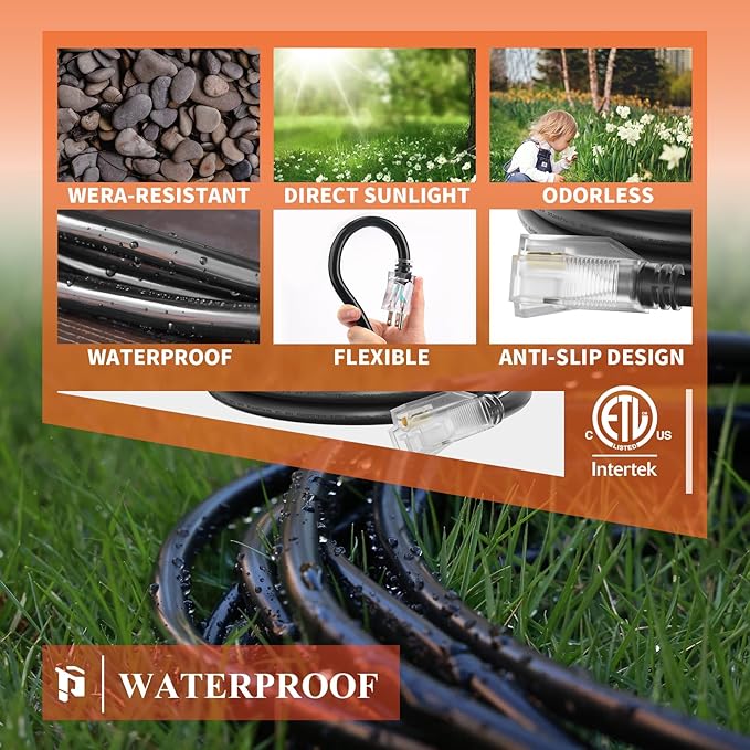 PLUGTUL 10 Gauge Extension Cord 15FT, Black Outdoor Extension Cord with Lighted End, Heavy Duty, 15A 1875W SJTW, ETL Listed