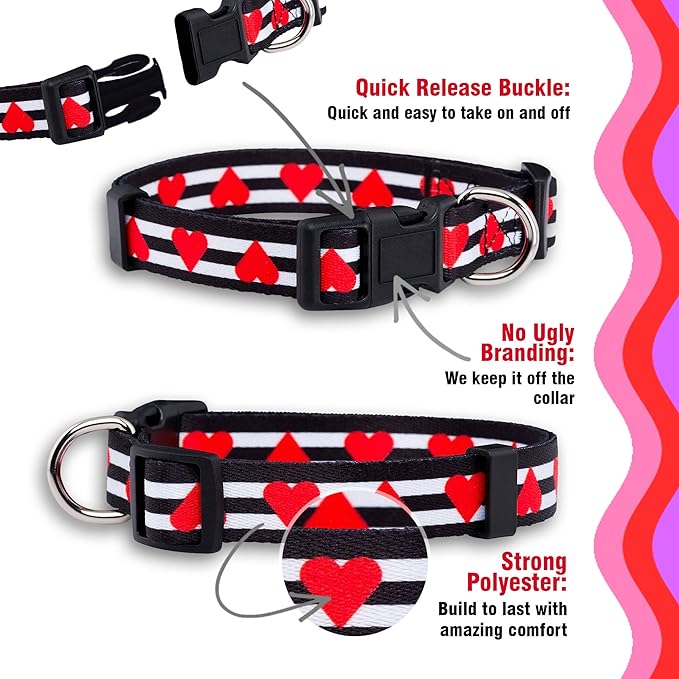Native Pup Valentine’s Dog Collar- Valentines Day Pet Collars- Valentine Girly Hearts- Pink Red Heart- Cute Boy Girl Puppy Gift- Adjustable for Small, Medium, Large Breeds (Striped Hearts, Small)