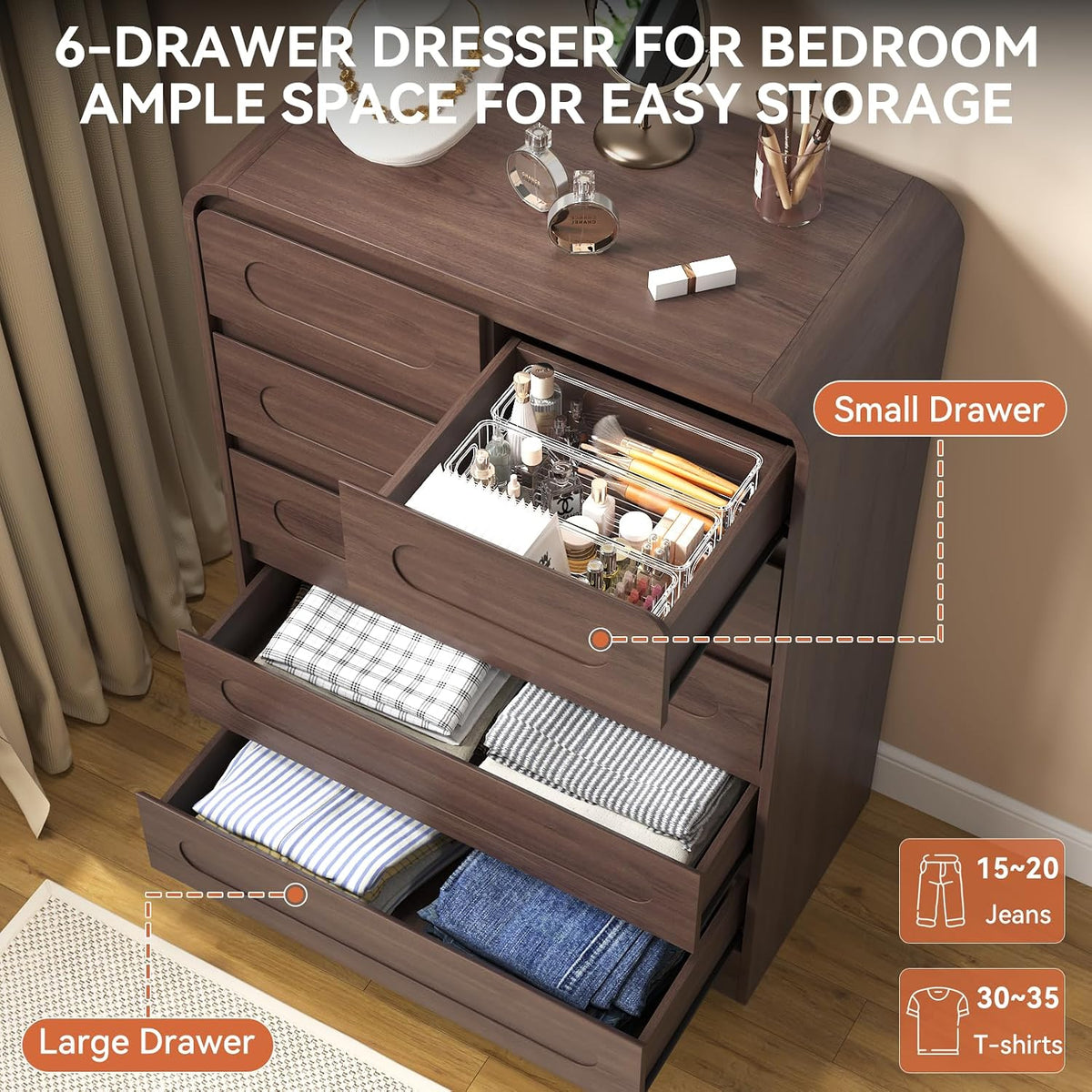 Tall Dresser for Bedroom, 6 Drawer Wood Dresser&Chest of Drawers, Brown
