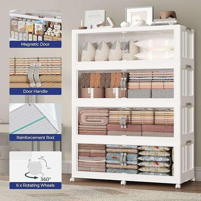 1200QT Extra Large Stackable Storage Bins with Lid, 300Gal Plastic Closet Organizers and Storage Drawer, Collapsible Cabinet Box with Wheels Clear Doors for Home Kitchen Office, 5Pack White