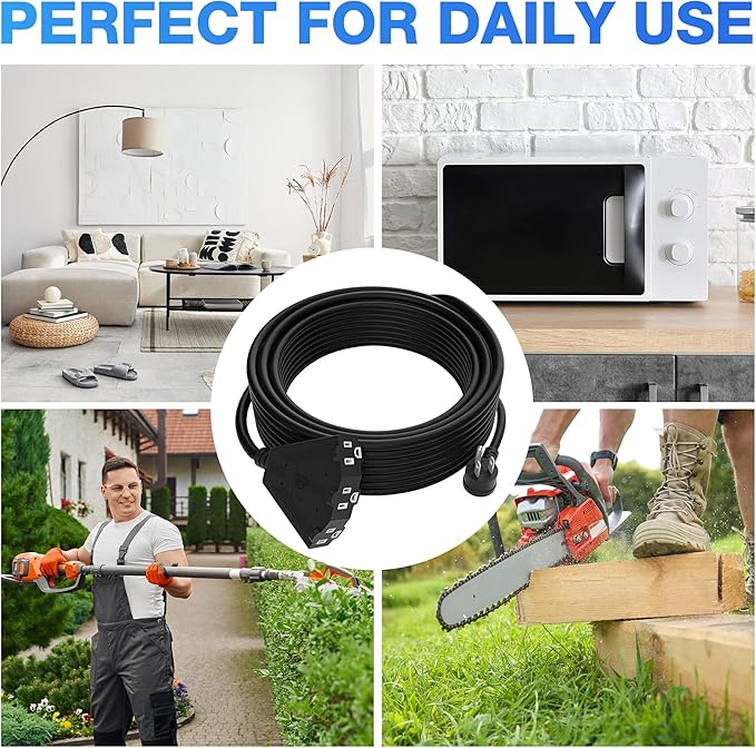 14/3 Gauge Heavy Duty Outdoor Extension Cord 15 FT, 90 Degree Angled 3 Prong Plug, 14 Gauge Power Cable with 3 Outlets, 14AWG, 15A, 125V, 1875W, ETL Listed, Black Wire, with Free Carrying Strap+Ties