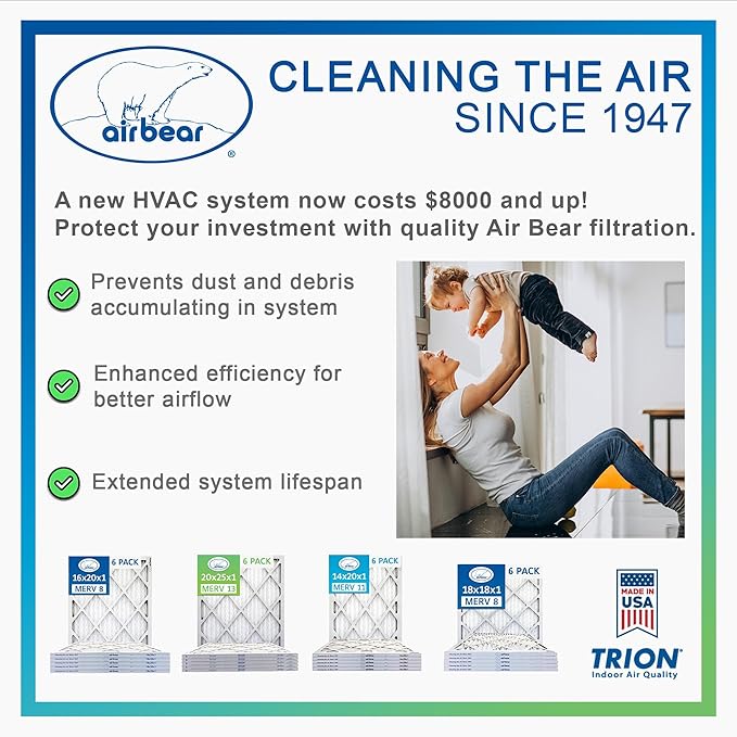 16x25x1 Air Filter MERV 8 TRION Air Bear Pleated HVAC Air Filters Replacement
